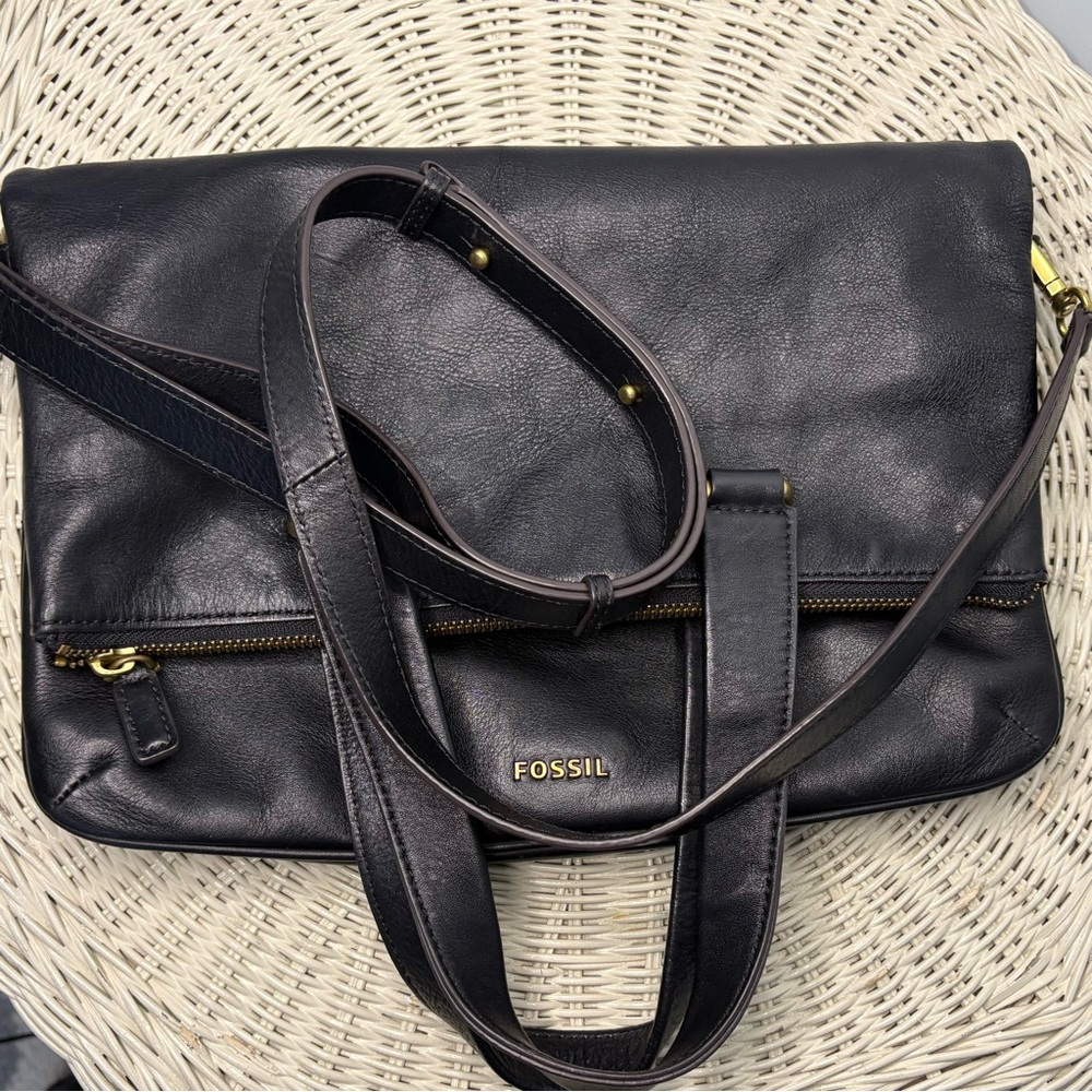 Fossil Black Leather Memoir Anthology Fold Over Tote Crossbody Bag - Picture 2 of 13